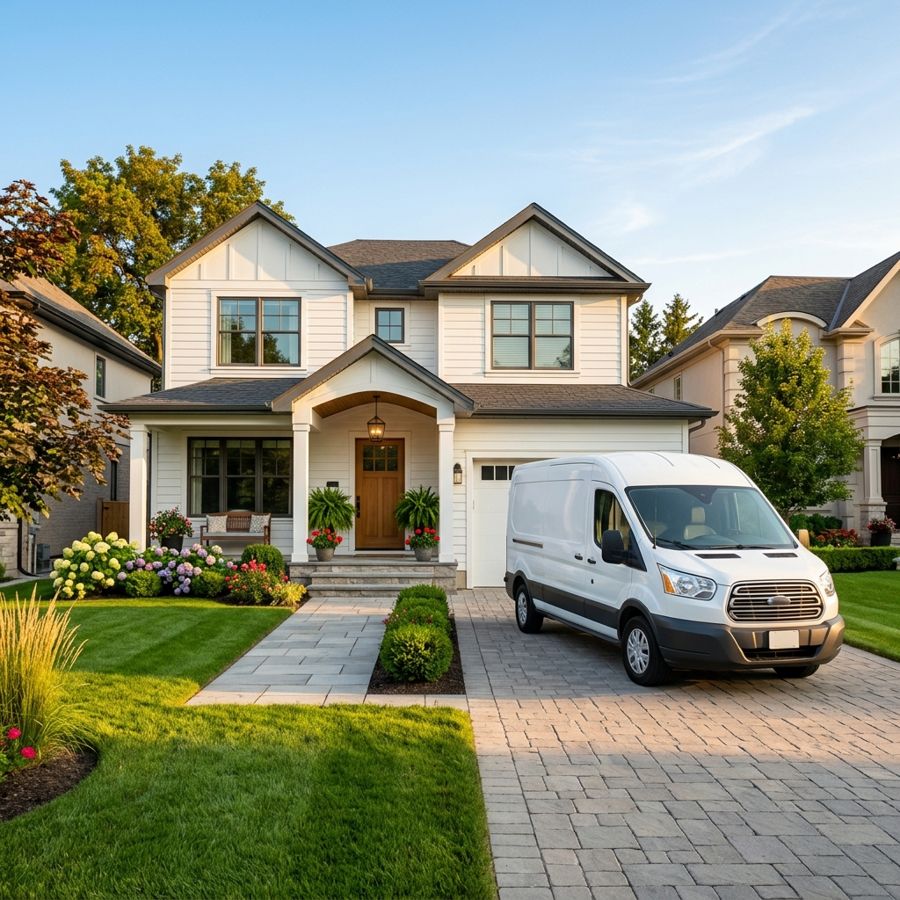 Example home-services post: a service van at a home