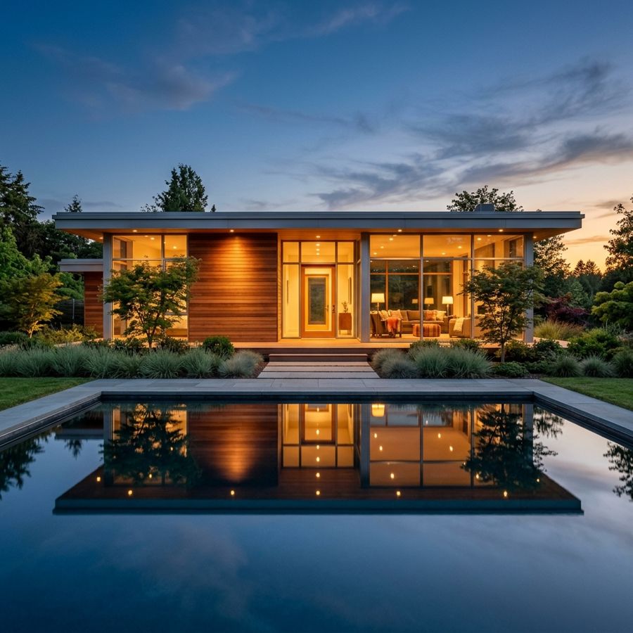 Example real-estate post: a modern home glowing at dusk